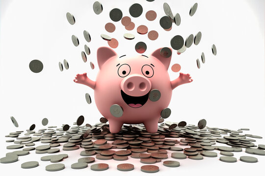 A happy pink piggy bank with coins.  Image created with generative ai.