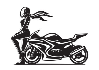 A girl in a helmet near a motorcycle with flowing hair
