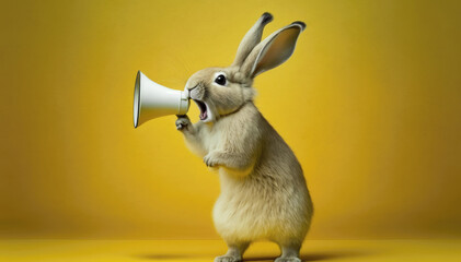 Cute Easter Bunny holding megaphone and roaring. Easter advertising. Generative AI - obrazy, fototapety, plakaty