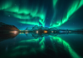 Northern lights over the snowy mountains, sea, reflection in water at night in Lofoten, Norway....