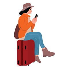 A woman sits on a suitcase with a phone in her hand. Travel, vacation. Vector illustration