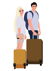 Happy couple of travelers with suitcases. Vacation trip. Vector illustration