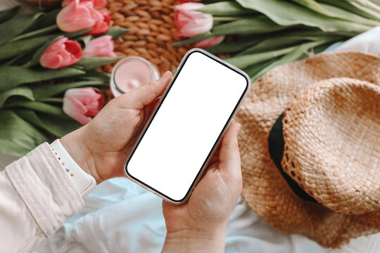 Mobile phone and spring flower pink tulips on the pink background. Theme of love, mother's day, women's day flat lay
