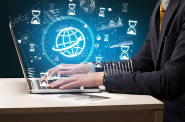 Business hand working on laptop, successful business concept