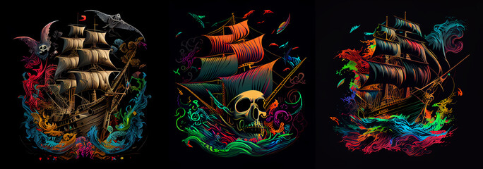 Set of illustrations of colorful pirate ships. AI generative.