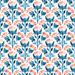 Fototapeta na wymiar Flowers seamless watercolor pattern. The grange texture of the burlap. Decorative plants ornament tile. Handwork with paints on paper.