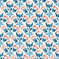 Gordijnen Flowers seamless watercolor pattern. The grange texture of the burlap. Decorative plants ornament tile. Handwork with paints on paper. © flovie