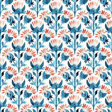 Flowers seamless watercolor pattern. The grange texture of the burlap. Decorative plants ornament tile. Handwork with paints on paper.