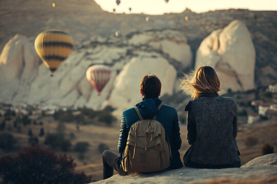 A Loving Couple Sitting At Cappadocia Turkey Watching Hot Air Balloons Wanderlust Travel