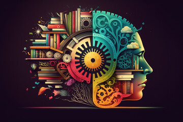 a colorful collage business with brain and books.