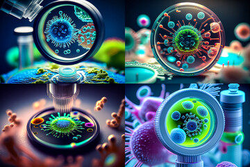 Représentation stylisée de germe, virus, microbe sous la lentille d'un microscope - Générative IA