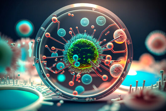 Repr&eacute;sentation stylis&eacute;e de germe, virus, microbe sous la lentille d'un microscope - G&eacute;n&eacute;rative IA