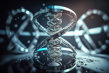 Représentation stylisée d'une molécule d'ADN, mettant en évidence sa structure complexe avec des éléments abstraits et lumineux - Générative IA