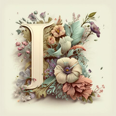 letter "I" with flower decoration pastel color palette, cartoon, generative AI finalized in Photoshop by me