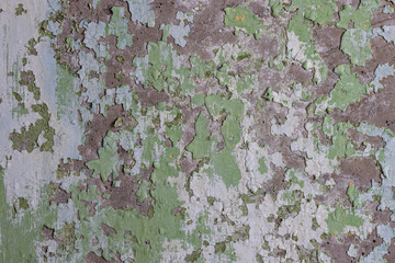 Peeling paint on the wall. Old concrete wall with cracked flaking paint. Weathered rough painted surface with patterns of cracks and peeling. High resolution texture for background and design. Closeup