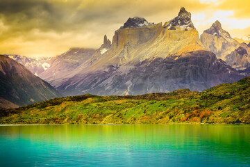 Horns of Paine and Lake Pehoe at sunset, Torres Del Paine, Patagonia, Chile