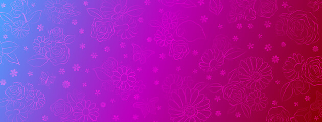 Spring background in red and purple colors made of various flowers and butterflies