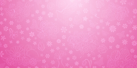 Spring background in pink colors made of various flowers, birds and butterflies