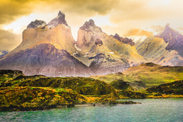Horns of Paine and Lake Pehoe at sunset, Torres Del Paine, Patagonia, Chile