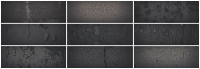 Set of dark panoramic background textures. Collection of wide textures with peeling paint, cracks, scratches, noise and grain. Faded rough surfaces of old walls. Bundle of gray backgrounds for design.