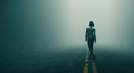 Woman walking alone down foggy road in forest	
