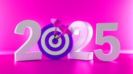 Word 3D Text 2025 with small dartboard on blue background.  Successful business startup. Creative motivation with copy space.  