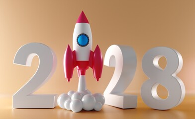 3D Text 2028 year rocket launch. 3D Rendering. New Year, christmas. Successful business startup. Creative motivation with copy space. 