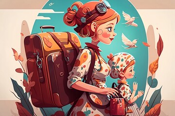 Mother's day travel illustration. Mother and daughter vacations. Generative AI