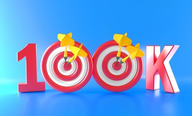 100K Text Followers with small dartboard on white background. 100 000 followers background. Congratulating networking thanks, net friends abstract image, customers. 3d rendering. 100k 3d text.