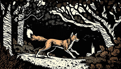 An illustration of fox running down the woods on the night background. Japanese art style for wall decoration, wall art, banner. 