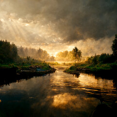 River in the middle of the forest Generative AI