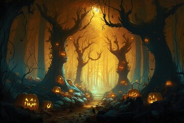 Spooky halloween forest with scary black trees and pumpkins on the ground. AI generated. Background