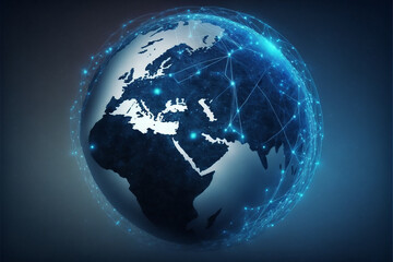 Fototapeta na wymiar Earth Communications network map of the world. Dark blue background map world global logistics network. AI generated