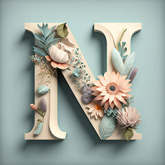 Letter "N" with flower decoration pastel color palette, cartoon, generative AI finalized in Photoshop by me