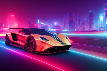 Plakat Speeding Sports Car On Neon Highway. Powerful acceleration of a supercar on a night track with colorful lights and trails. Generative AI