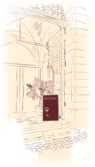 European Street cafe. Hand drawing old city. Vector illustration in vintage style. Palm tree and billboard menu next to the entrace in shop, cafe or restorant