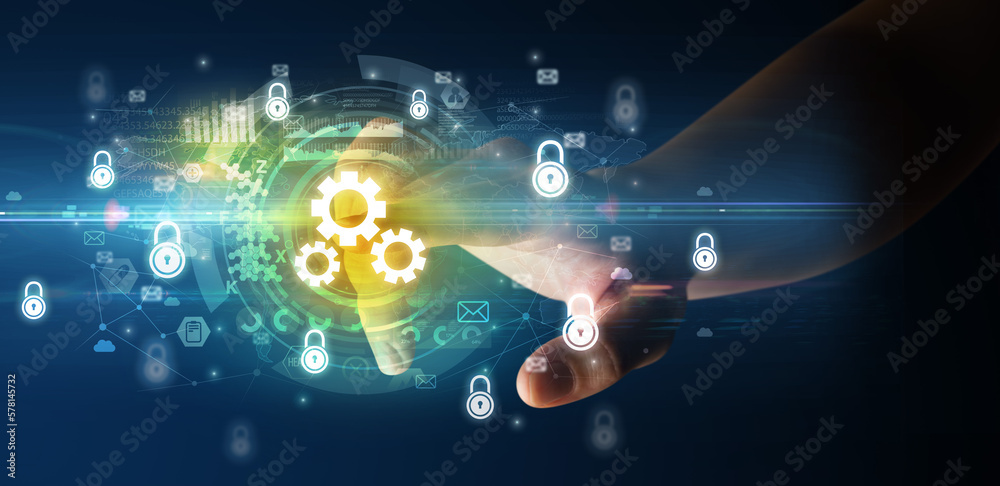 Aufkleber touching with soft gesture multimedia screen with future technology concept