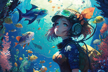 Obraz na płótnie Canvas anime girl standing in front of a big aquarium tank, many colorful fishes