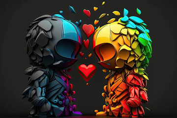 cute graphic of two helmet wearing men in rainbows colors with hearts