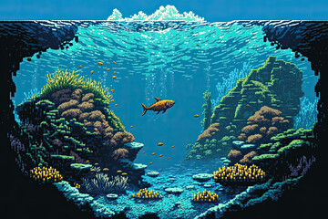 old video game, coral, view under water