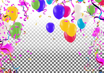 Abstract colorful confetti and balloons background. Balloons and confetti isolated on the white. Vector holiday illustration.
