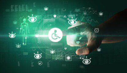 Doctor hand pressing futuristic health device with medical symbol on screen