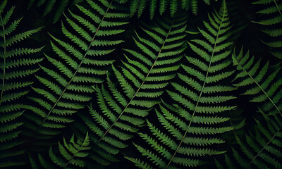 Dark green fern leaves. Fern leaf pattern. Tropical foliage. Natural abstract wallpaper. Generative AI.