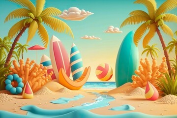 Fototapeta na wymiar Daytime beach party with summer sea, surfboards, beach balls, palm trees on the sea, cartoon 3D backdrop illustration. ai generated.