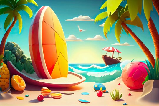 Daytime beach party with summer sea, surfboards, beach balls, palm trees on the sea, cartoon 3D backdrop illustration. ai generated.