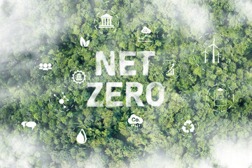 Net Zero 2050 Carbon Neutral, cloud of mist in the green Net Zero figure.	