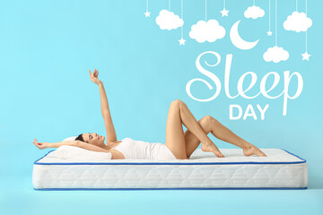 Poster for International Sleep Day with beautiful young woman lying on soft mattress