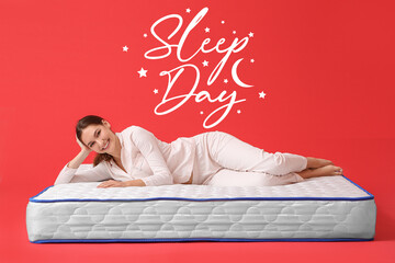 Poster for International Sleep Day with beautiful young woman lying on comfortable mattress