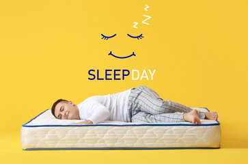 Poster for International Sleep Day with young man lying on soft mattress