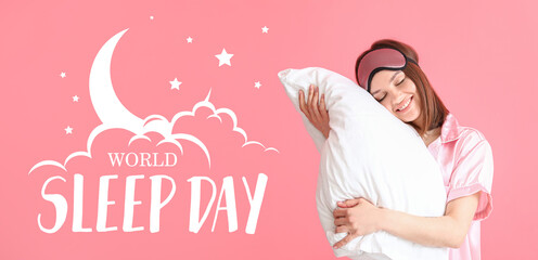 Banner for International Sleep Day with beautiful young woman hugging pillow